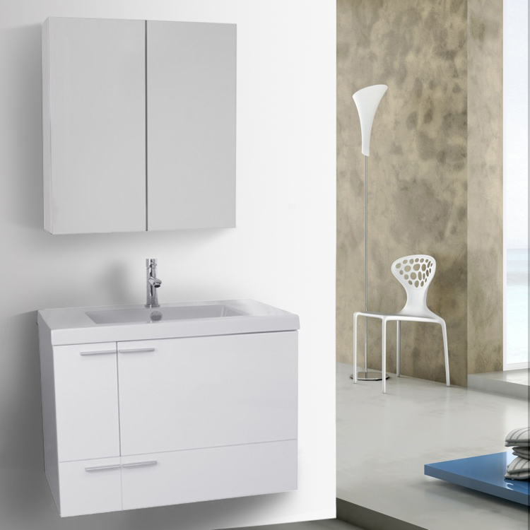 ACF ANS1223 Modern Wall Mounted Bathroom Vanity, 31 Inch, Glossy White, With Medicine Cabinet